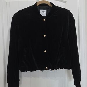 Zara Black Cropped Crushed Velvet Bomber Jacket Size Large